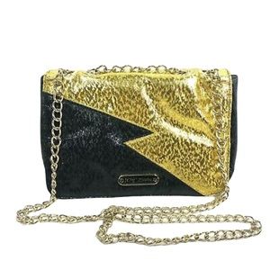 Rare betsey Johnson black & gold lightning bolt chain link strap bag